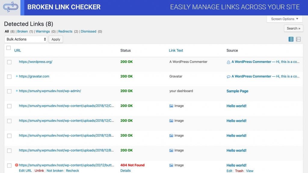 Broken Link Checker seo plugin works